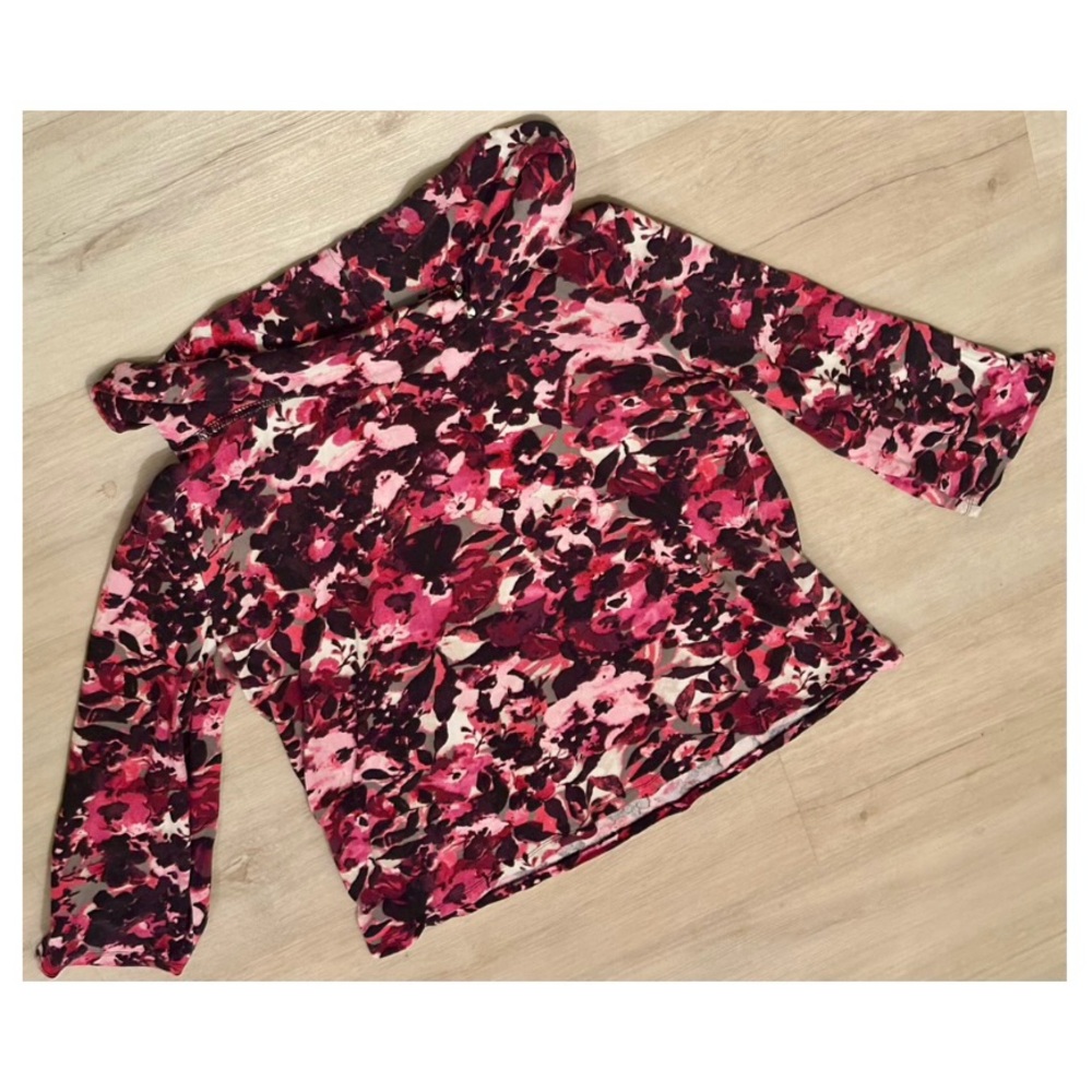 Rafaella XL Floral 3/4 Sleeve Top Pink Magenta Black White Boho Y2K Stretch